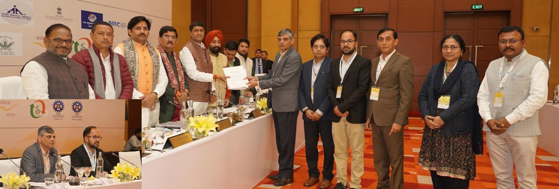 A group of men and women in formal attire stand together in a conference room; one man receives a certificate. Inset shows two men seated at a panel discussion. Conference banners and flowers are visible in the background.